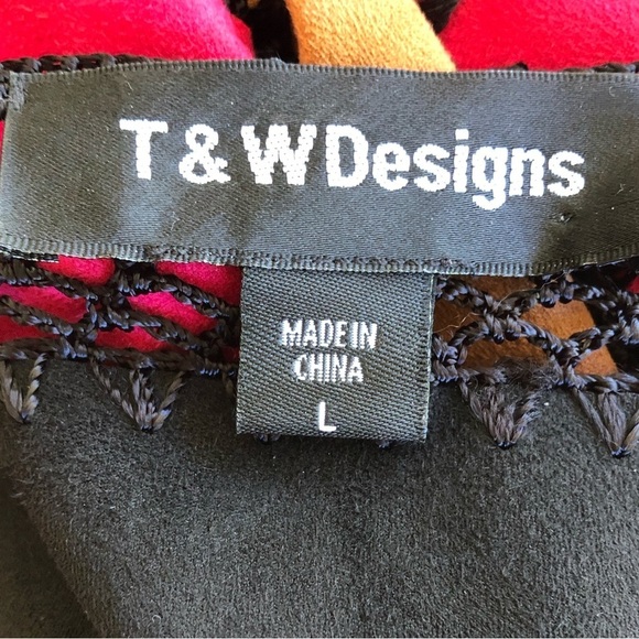 T &W Designs Colorblock Patchwork Faux Suede & Black Crochet Cardigan Size L - Picture 5 of 7